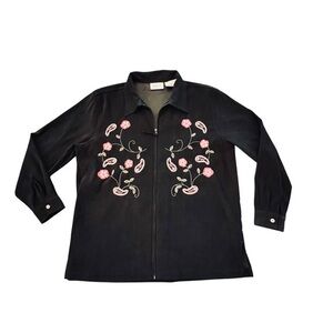 Embroidered Lightweight Black Velvet Zip Up Jacket Size Large Floral Cottagecore